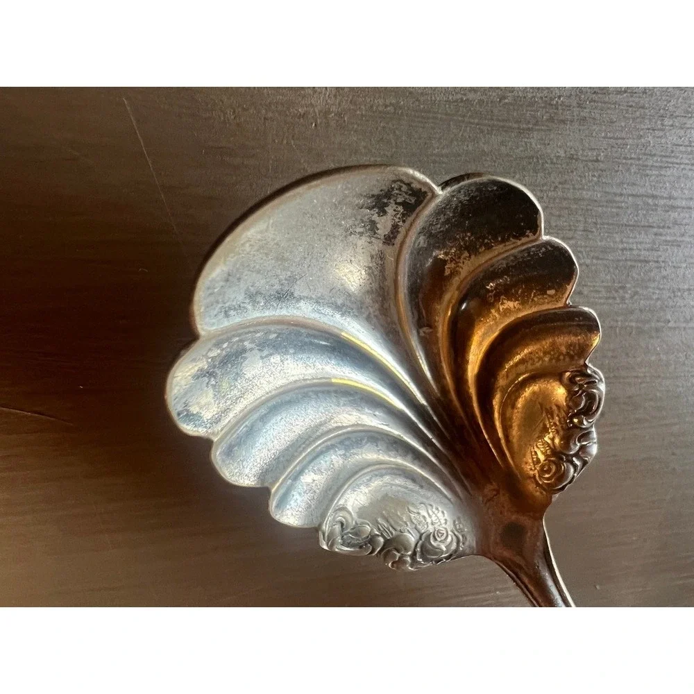 Floral Rose Sugar Shell Spoon Silver Plated Scalloped Vintage Tea Party Decor